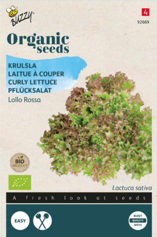 Zakje met Krulsla Lollo Rossa Bio zaadjes verkrijgbaar bij DeDuurzameTuin.nl