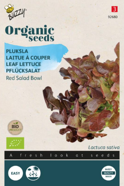 Zakje zaadjes van de Pluksla Red Salad Bowl Bio verkrijgbaar bij DeDuurzameTuin.nl