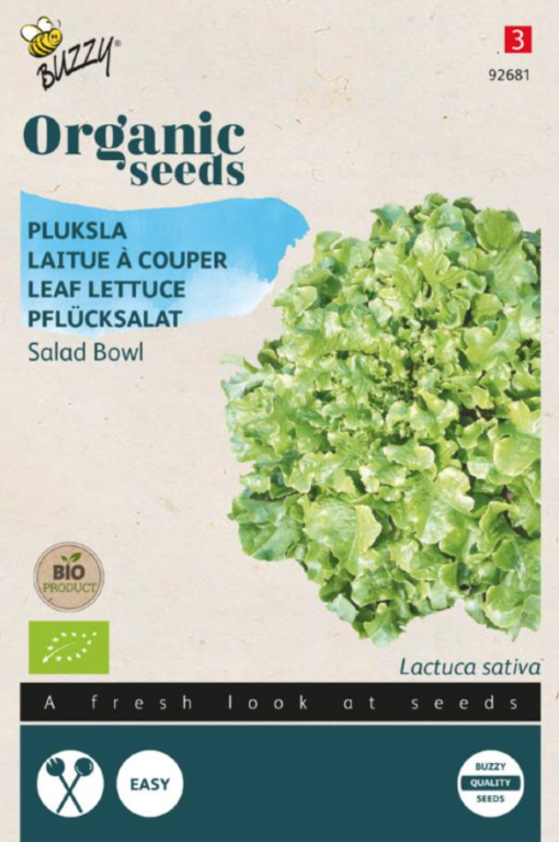 Zakje met zaadjes van de Pluksla Salad Bowl Bio verkrijgbaar bij DeDuurzameTuin.nl