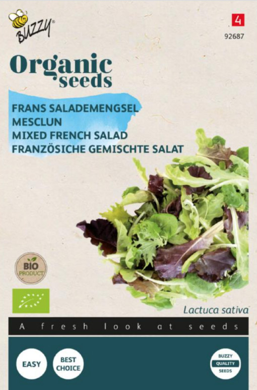 Zakje met zaadjes van het Salademengsel Frans Bio verkrijgbaar bij DeDuurzameTuin.nl