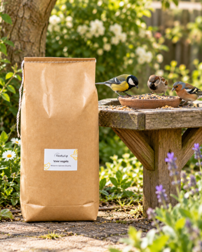 Natuly Voor Vogels naast een houten vogelvoedertafel met tuinvogels