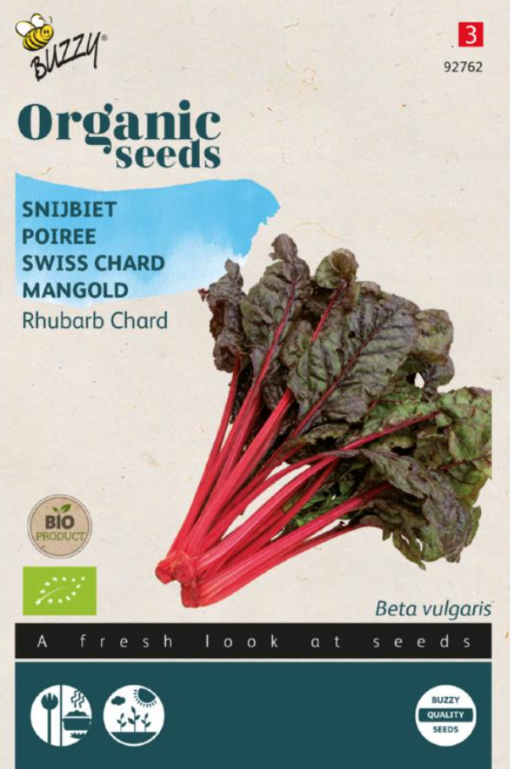 Zakje met Snijbiet Rhubarb Chard Bio zaden, verkrijgbaar bij DeDuurzameTuin.nl