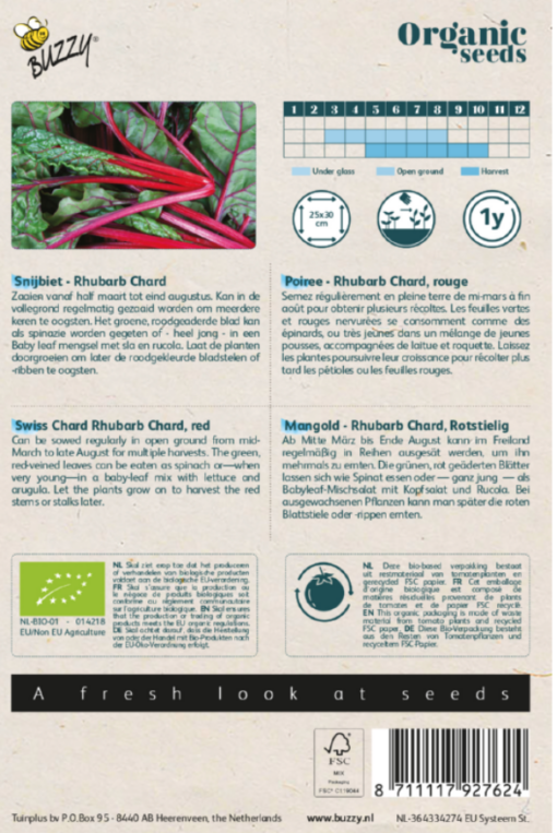 Zakje met Snijbiet Rhubarb Chard Bio zaden, verkrijgbaar bij DeDuurzameTuin.nl