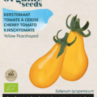 Zakje met zaadjes van de Kerstomaat Yellow Pearshaped Bio verkrijgbaar bij DeDuurzameTuin.nl
