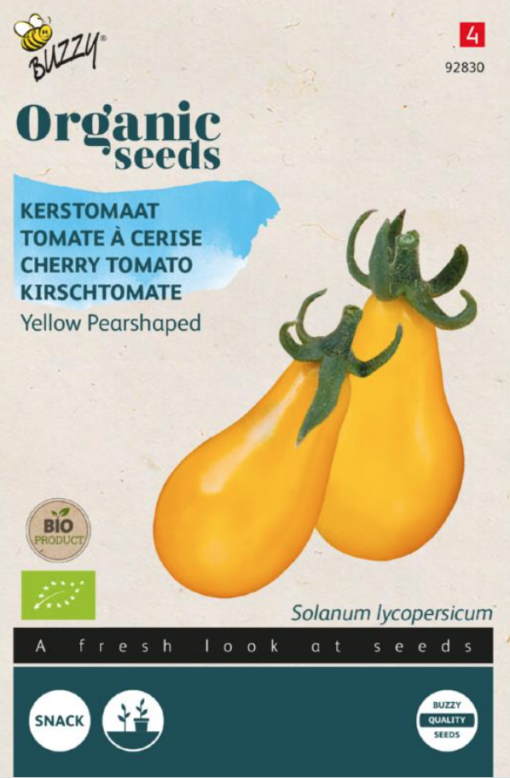 Zakje met zaadjes van de Kerstomaat Yellow Pearshaped Bio verkrijgbaar bij DeDuurzameTuin.nl