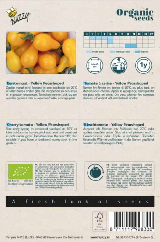 Zakje met zaadjes van de Kerstomaat Yellow Pearshaped Bio verkrijgbaar bij DeDuurzameTuin.nl