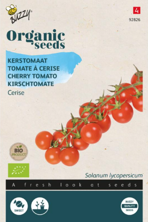 Zakje met zaadjes van de Kerstomaat Cerise Bio verkrijgbaar bij DeDuurzameTuin.nl
