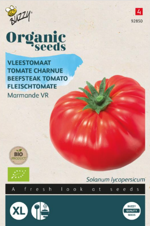 Zakje met zaadjes van de Vleestomaat Marmande VR Bio verkrijgbaar bij DeDuurzameTuin.nl