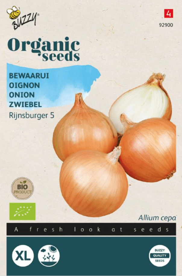 Zakje met zaadjes van de Ui Rijnsburger 5 Bio verkrijgbaar bij DeDuurzameTuin.nl