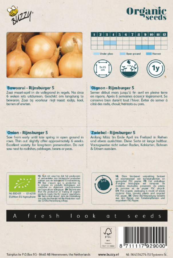 Zakje met zaadjes van de Ui Rijnsburger 5 Bio verkrijgbaar bij DeDuurzameTuin.nl