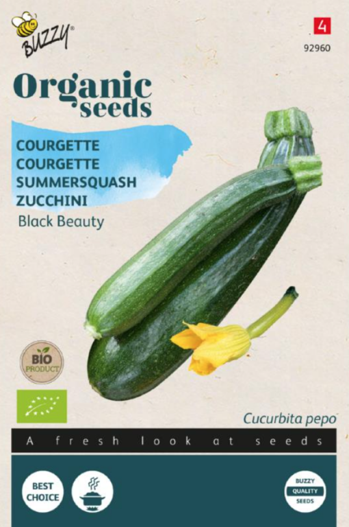 Zakje met zaden van de Courgette Black Beauty Bio verkrijgbaar bij DeDuurzameTuin.nl
