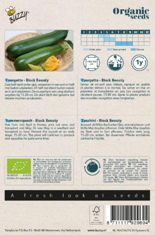Zakje met zaden van de Courgette Black Beauty Bio verkrijgbaar bij DeDuurzameTuin.nl