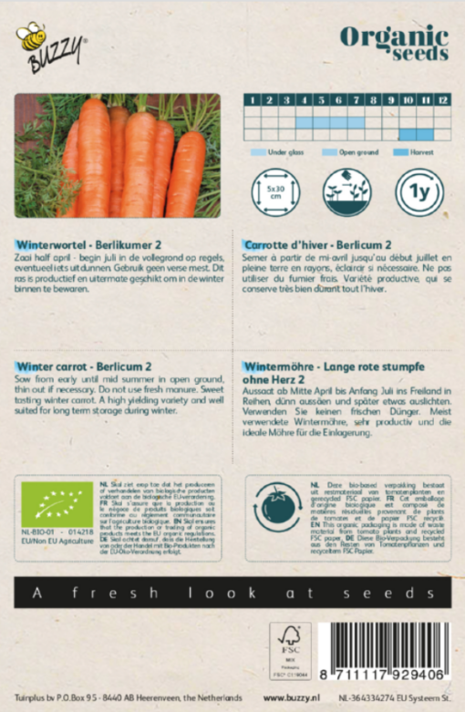 Zakje met zaadjes van de Winterwortel Berlikumer 2 Bio verkrijgbaar bij DeDuurzameTuin.nl