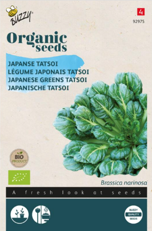 Zakje met zaden van de Japanse Tatsoi Bio verkrijgbaar bij DeDuurzameTuin.nl