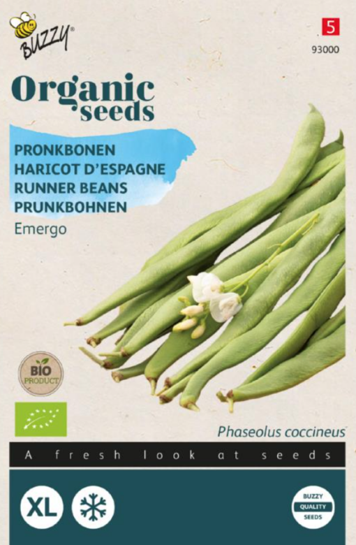 Zakje met zaden van de Pronkbonen Emergo Bio verkrijgbaar bij DeDuurzameTuin.nl