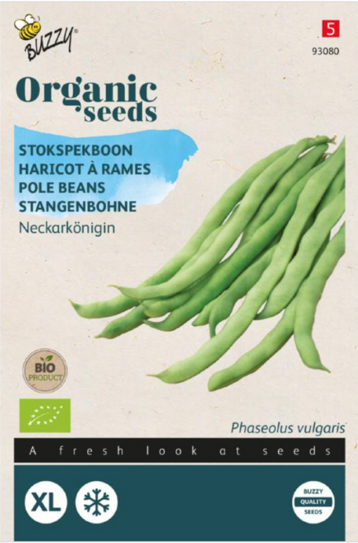 Een zakje met zaden van de Stokspekboon Neckarkönigin Bio verkrijgbaar bij DeDuurzameTuin.nl