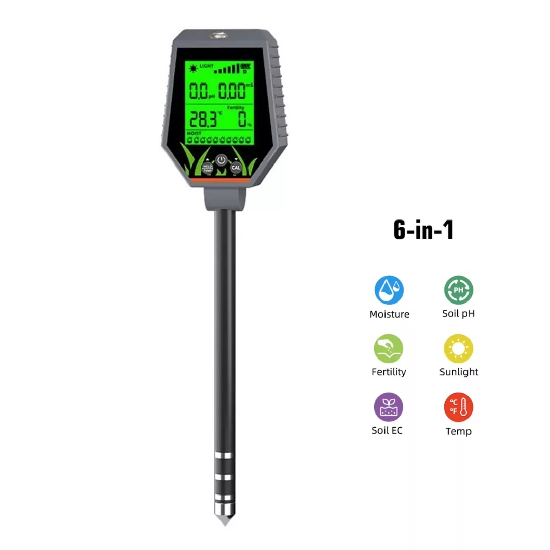 6-in-1 digitale grondmeter PlantCare Tools voor pH EC vocht licht en temperatuur met display