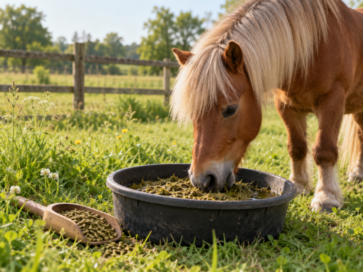 Pony eet geweekte Natuly weidekruiden grasbrok uit een voerbak in de wei