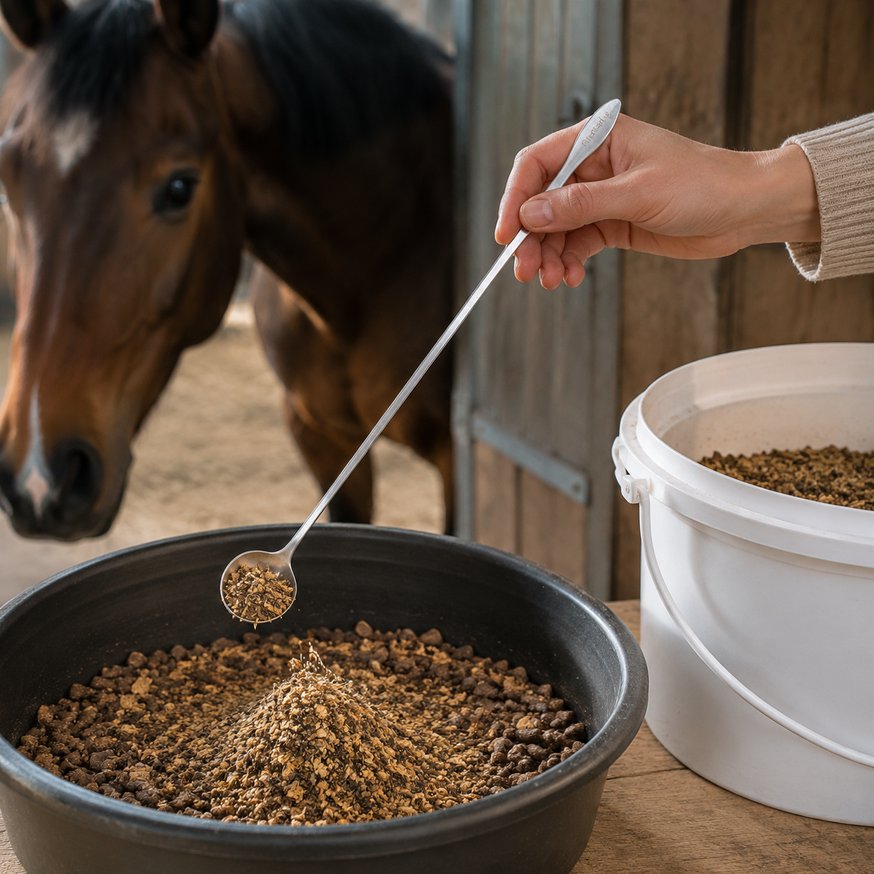 Lange Natuly Bokashi lepel waarmee Bokashi over paardenvoer wordt verdeeld