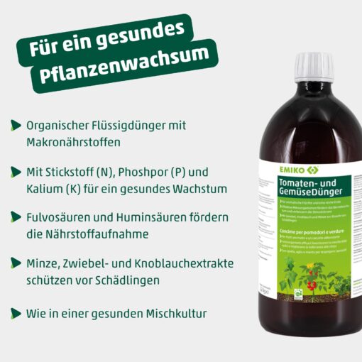 Infographic met eigenschappen en NPK-waarde van EMIKO Tomaten- en Groentedünger