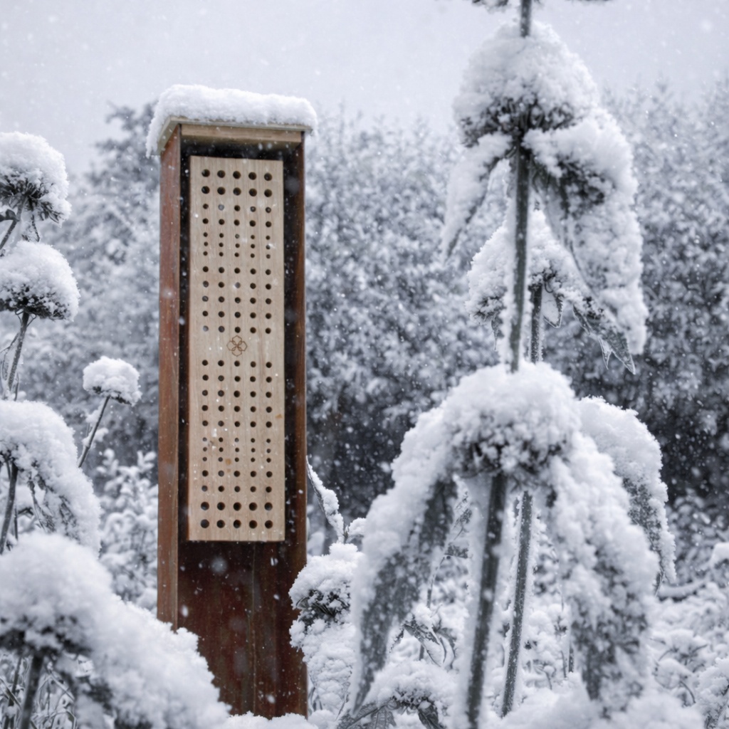 Beutezug bijenhotel in een besneeuwde tuin