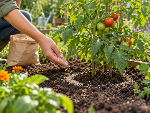 Tuinier strooit kaliumkorrels rond een tomatenplant