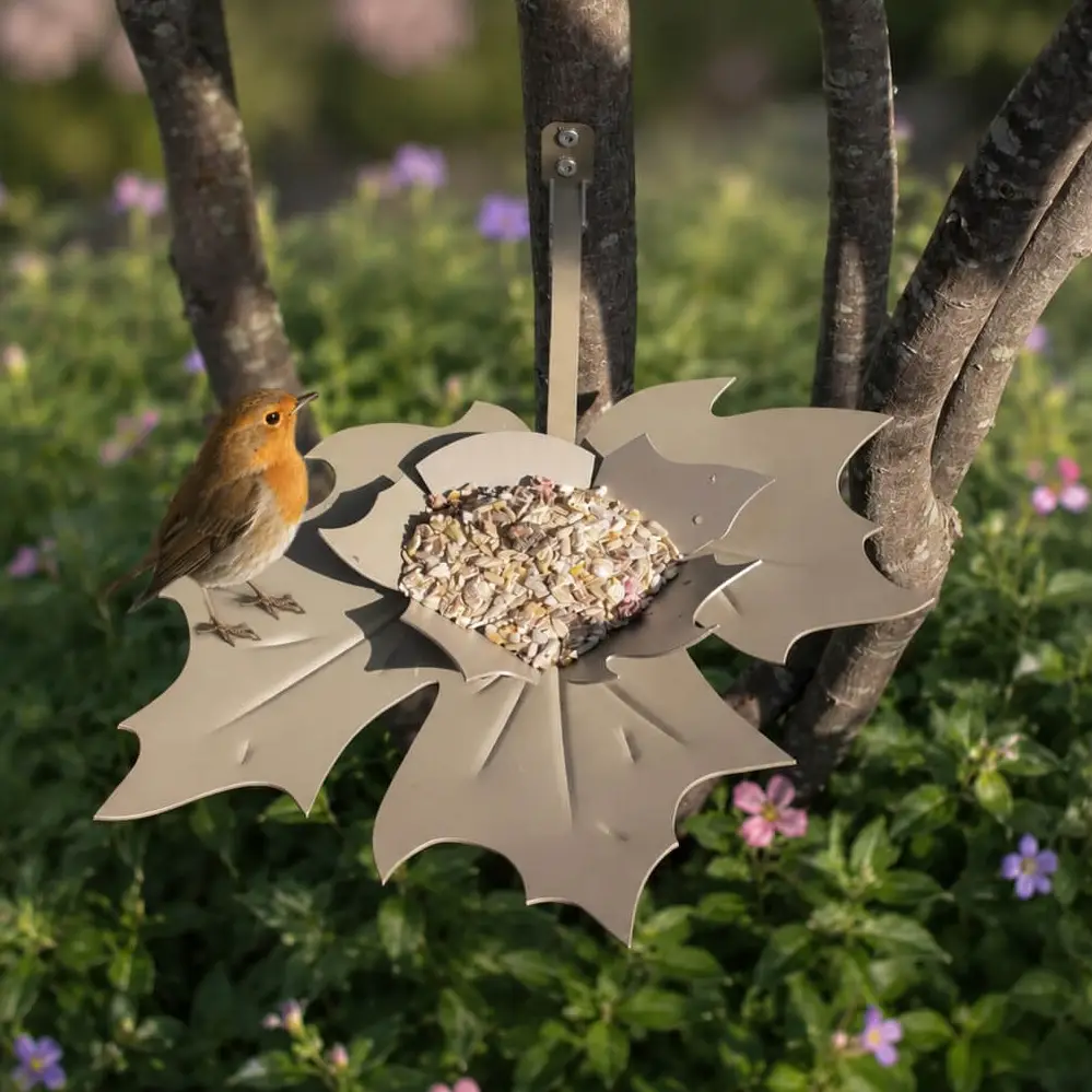 Parelmoer beige Leaf Me vogelvoederschaal met roodborstje
