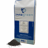 Zak Innogreen BioBasis 25 kg met mestkorrels en contactgegevens van DeDuurzameTuin.nl