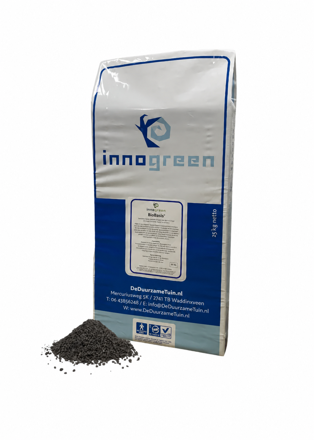 Zak Innogreen BioBasis 25 kg met mestkorrels en contactgegevens van DeDuurzameTuin.nl
