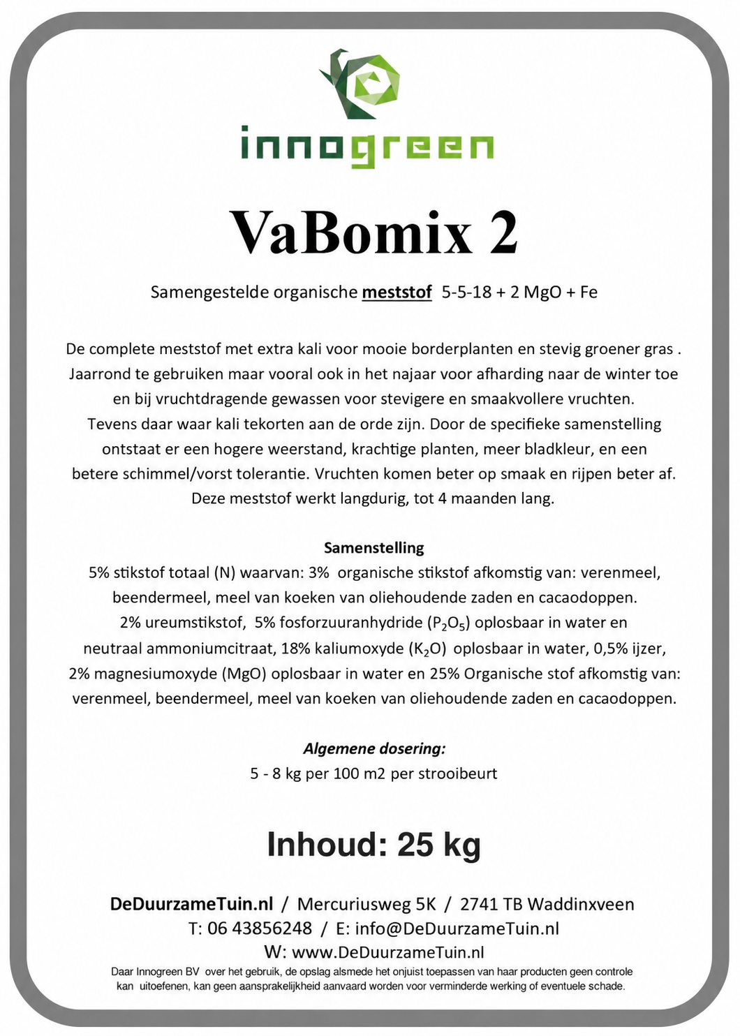 Etiket VaBomix 2 met NPK 5-5-18, magnesium, ijzer en dosering van 5–8 kg per 100 m²