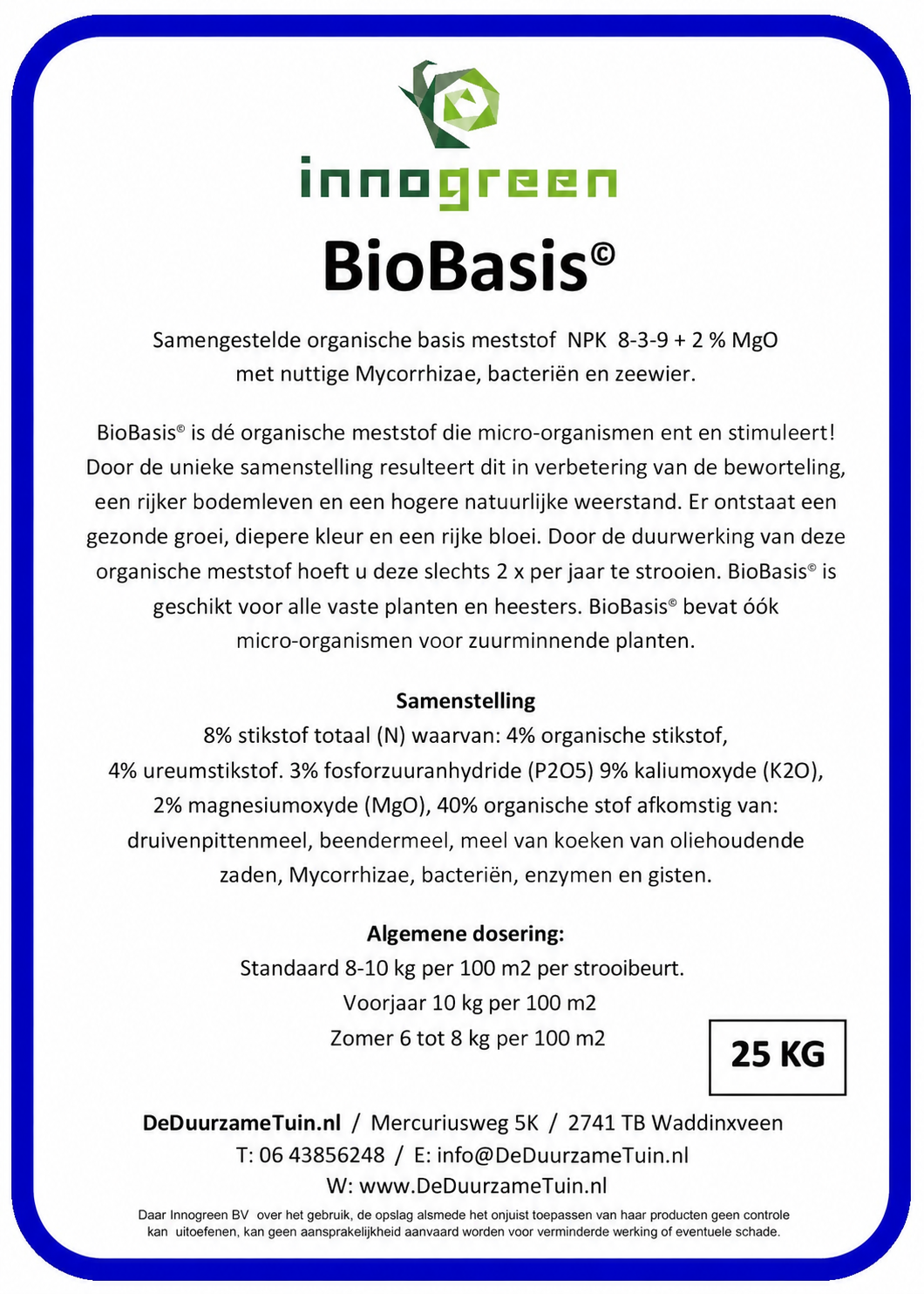 Etiket BioBasis NPK 8-3-9 + 2% MgO met samenstelling, dosering en contactgegevens