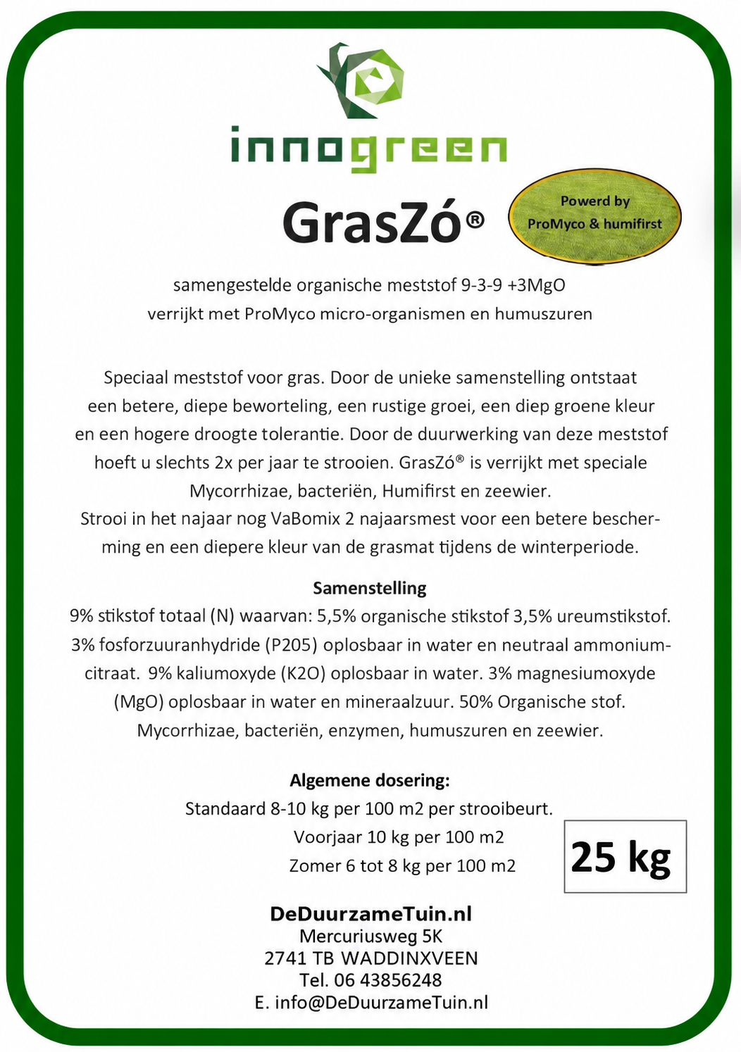 Etiket van Innogreen GrasZó met samenstelling en gebruiksaanwijzing
